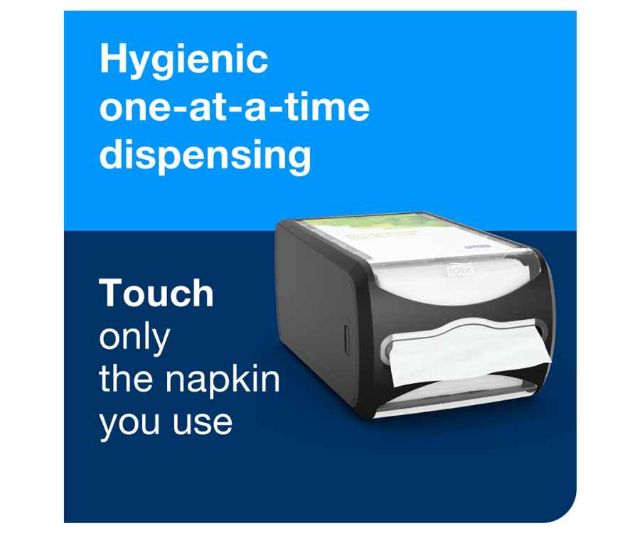 A black napkin dispenser with a napkin partially pulled out, placed against a blue background with text about hygienic use. Tork Xpressnap® Counter Napkin Dispenser (7.5 in. x 5.7 in. x 12.1 in., 1/Case)